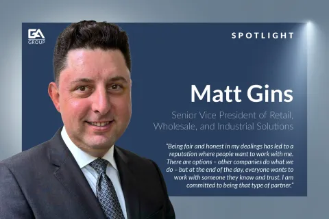 Portrait of Matt Gins, Senior Vice President of Retail, Wholesale, and Industrial Solutions at GA Group, with a professional quote.