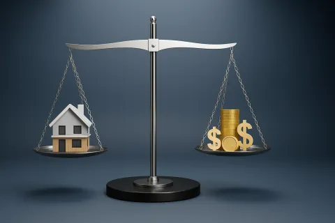 Balance scale comparing a small house model on one side and gold coins with dollar signs on the other.