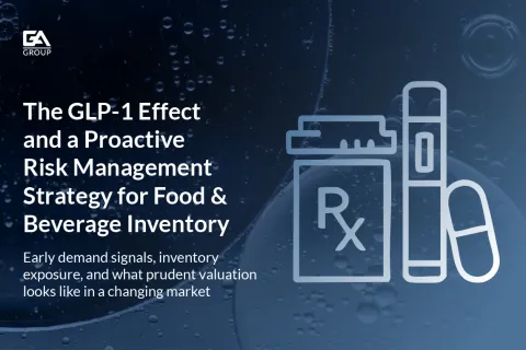 GLP-1 effect and risk management strategy for food and beverage inventory with medical icons over blue background.