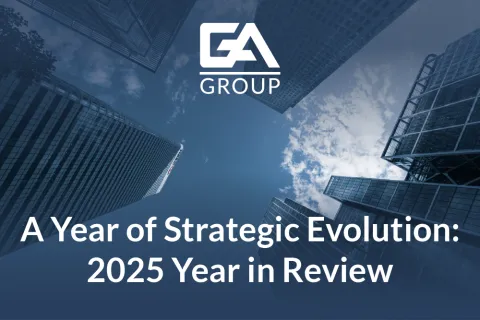 GA Group logo over skyscrapers with text about 2025 strategic evolution year in review.