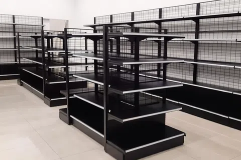 Empty black metal store shelves with grid panels in a clean, well-lit retail space with tiled floors.
