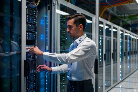 Technician working on server racks inside a modern data center with blue status lights and organized cables.
