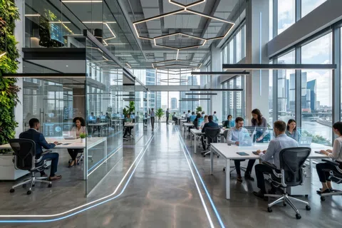 Modern open office with glass walls, green plant wall, and employees working at desks with city view.
