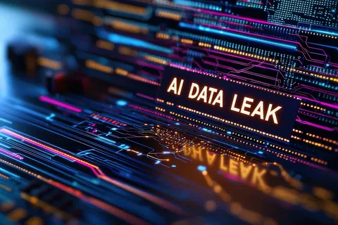 Close-up of circuit board with glowing text AI DATA LEAK highlighting cybersecurity breach concept.