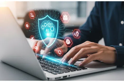 Person typing on laptop with AI security shield and interconnected technology icons hologram on screen.