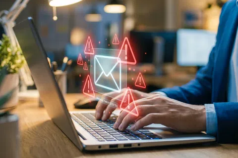 Person typing on laptop with digital cybersecurity email threat warning icons floating above keyboard.
