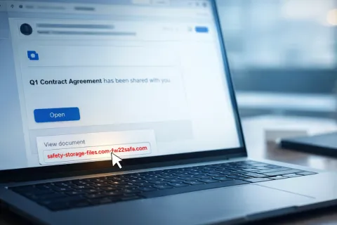 Laptop screen displaying an email with a contract agreement and a suspicious file link highlighted.