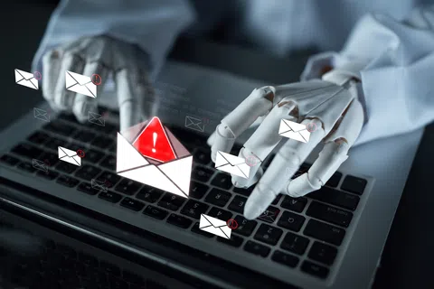 Robot hands typing on laptop keyboard with digital email warning icons representing cyber threat detection.