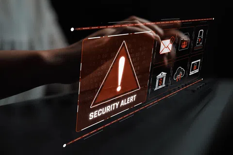 Futuristic digital security alert interface with warning icon and cybersecurity symbols in dark environment.