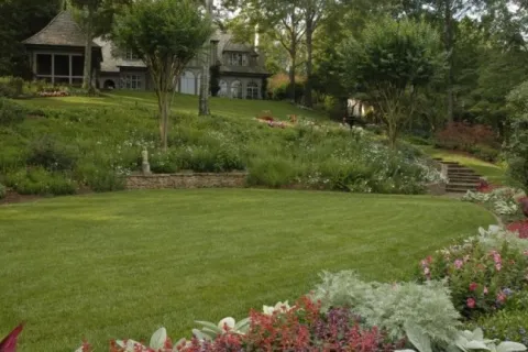 a grassy field and flower garden