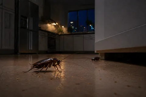 Close-up of two cockroaches on kitchen floor at night with dim city lights visible through window