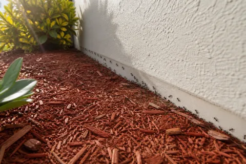 Black ants crawling in a line along a mulch bed next to a white exterior wall and green plants.