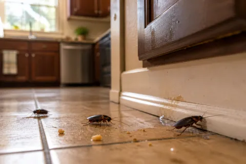 Cockroaches crawling on kitchen floor near crumbs and baseboard in a home kitchen setting.
