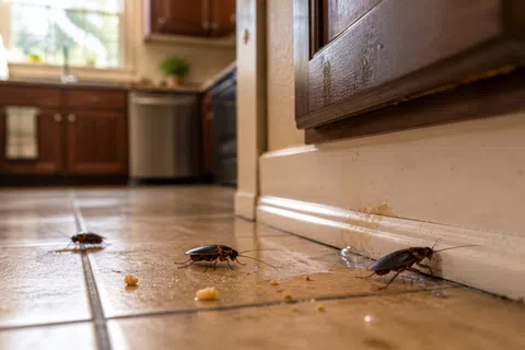 Cockroaches crawling on kitchen floor near crumbs in a home with wooden cabinets and tiled flooring.