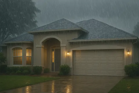 Modern house with lit windows and garage during heavy nighttime rain on wet driveway and yard.