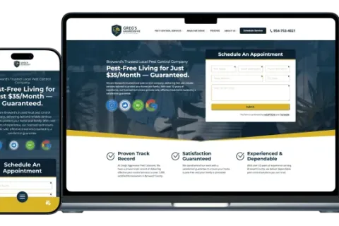 Responsive pest control service website showing appointment scheduling on laptop and mobile devices.