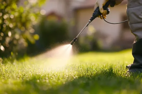 Person spraying pesticide on grass with a handheld sprayer in a garden on a sunny day
