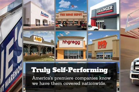 Collage of major American retail and service company storefronts with workers maintaining signage, highlighting nationwide coverage.
