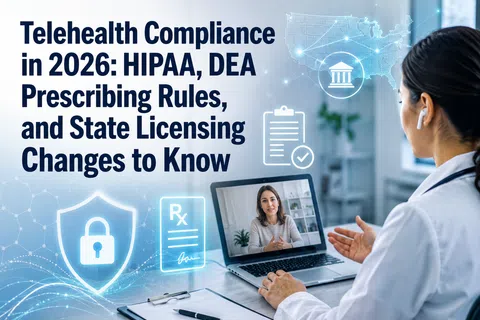 Doctor consulting patient via laptop call discussing telehealth compliance rules in 2026 with digital security icons.