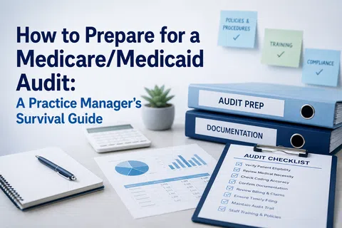 Workspace with Medicare Medicaid audit preparation materials including checklist, binders, charts, and notes.