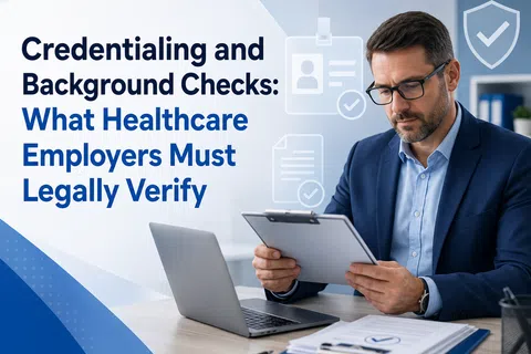 Man in suit reviewing documents on clipboard beside laptop with text about healthcare employer credentialing and background checks.