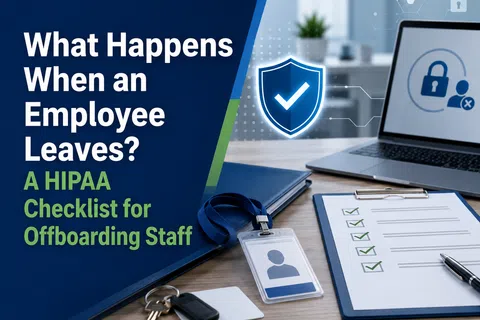 Checklist and digital security visuals representing HIPAA offboarding process when an employee leaves a company.