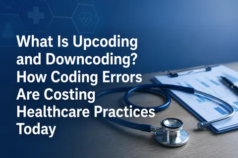 Stethoscope and medical chart on desk illustrating upcoding and downcoding errors in healthcare costs