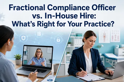 Comparison of fractional compliance officer via video call and in-house hire working at desk in medical office setting.
