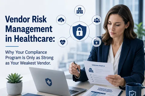 Businesswoman reviewing vendor risk management documents in healthcare office with security icons and laptop.