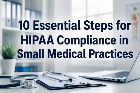 Workspace with a stethoscope, clipboard, and laptop highlighting HIPAA compliance steps for small medical practices.