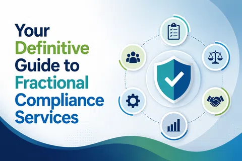 Graphic showing a shield with a checkmark surrounded by icons, titled Definitive Guide to Fractional Compliance Services.