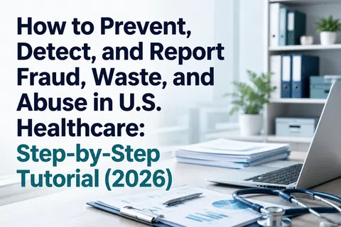 Office desk with healthcare reports, laptop, and stethoscope next to text about preventing fraud in U.S. healthcare 2026 tutorial.