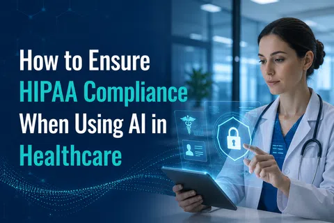Doctor using a tablet with digital security icons illustrating HIPAA compliance and AI in healthcare technology.