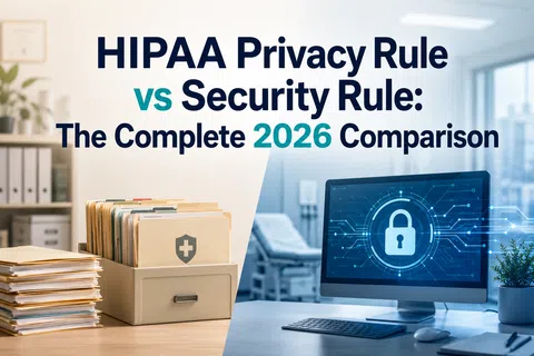 HIPAA Privacy Rule vs Security Rule 2026 comparison with file folders and a computer screen showing a digital lock.