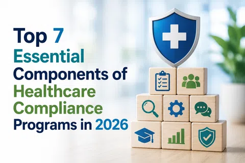 Stacked blocks with healthcare compliance icons and shield symbol beside text listing top 7 essential components in 2026.
