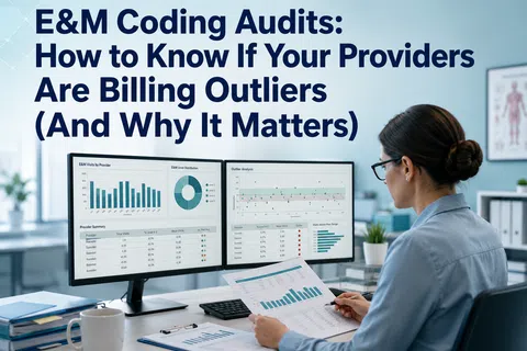 Healthcare professional analyzing E&M coding audit charts on dual monitors and printed reports in office.