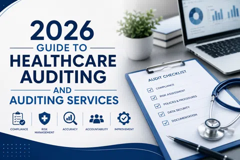 2026 guide to healthcare auditing with checklist, stethoscope, pen, laptop showing charts, and desktop plant on table.