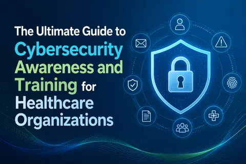 The Ultimate Guide to Cybersecurity Awareness and Training for Healthcare Organizations with security icons and digital shield.