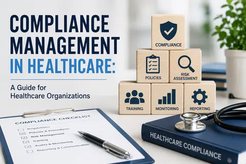 Healthcare compliance management concept with checklist, wooden blocks, stethoscope, and book.
