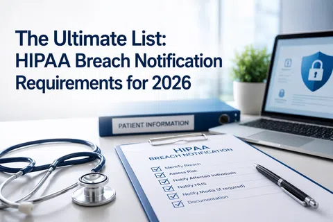 Clipboard with HIPAA breach notification checklist, stethoscope, patient file, and laptop showing security shield on desk.