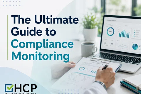 Healthcare professional reviewing compliance monitoring charts and data on clipboard and laptop screen.