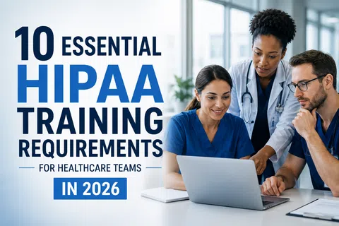 Three healthcare professionals reviewing HIPAA training requirements on a laptop for 2026 compliance.