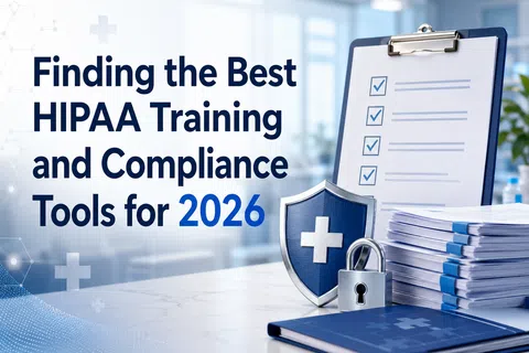 Business desk with HIPAA compliance documents, shield icon, lock, and checklist promoting HIPAA training for 2026.