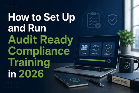 Laptop, notebook, and compliance binder on desk with text about audit ready compliance training setup for 2026.