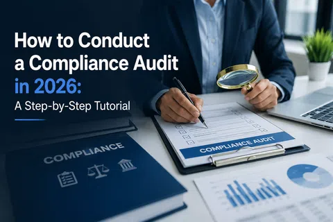 Businessman conducting a compliance audit using a checklist and magnifying glass at a desk with documents and laptop.
