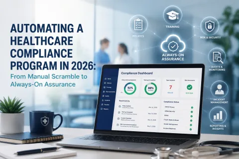 Laptop showing healthcare compliance dashboard with icons for policies, training, risk, audits, and reporting.
