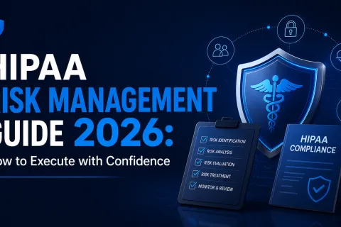 HIPAA Risk Management Guide 2026 with shield, clipboard, and compliance document icons on dark blue background.