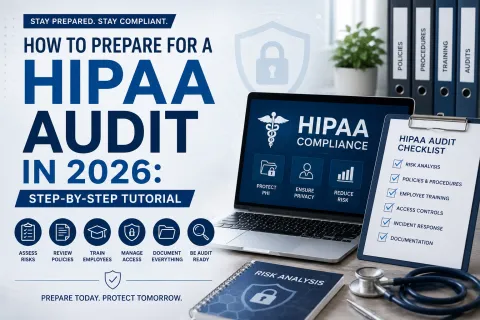 HIPAA audit preparation in 2026 with checklist, laptop screen, folder labels, and a stethoscope on desk.