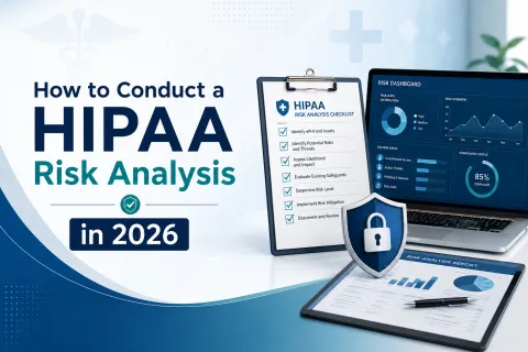 HIPAA risk analysis checklist and dashboard on laptop with risk report on tablet for 2026 compliance preparation.