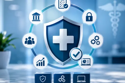 Blue shield with medical cross surrounded by icons representing governance, processes, and technology for healthcare security.